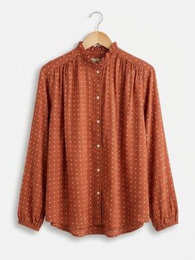 MILLE Rust Polka Dot Ruffle Neck Viscose Blouse Terracotta Boho Small